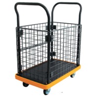 両袖網付き運搬台 業務用メッシュワゴン台車 150kg積載エラストマーバンパー付 ゴム車輪キャスターブレーキ付