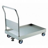 オールステンレス受皿型台車(固定ハンドル、天板皿型タイプ・ナイロンウレタン車輪)ストッパー付