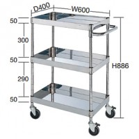 SUS304 ステンレスワゴン3段（600×400×886）100φストッパー付静音エラストマー
