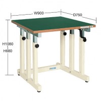 手動ハンドル式昇降作業台座り作業立ち作業用(1500×750×680?1080)メラミン天板