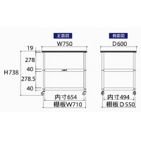 耐薬品天板実験作業台ワゴン台車(W750×D600×H738mm棚板２枚付)