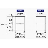 作業天板付ワゴン(450㎜×450㎜×738mm棚板２枚付)