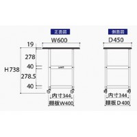 作業天板付ワゴン(600㎜×450㎜×738mm棚板２枚付)