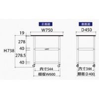 作業天板付ワゴン(750㎜×450㎜×738mm棚板２枚付)