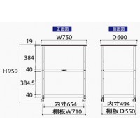 作業天板付ワゴン(750㎜×600㎜×950mm棚板２枚付)