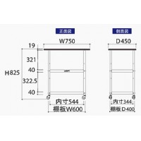 作業天板付ワゴン(750㎜×450㎜×825mm棚板２枚付)