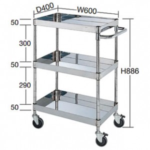 SUS304 ステンレスワゴン3段（600×400×886）100φストッパー付静音エラストマー
