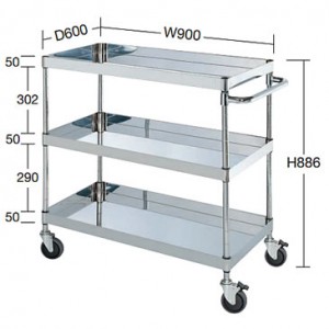 SUS304 ステンレスワゴン3段（900×600×886）100φストッパー付静音エラストマー