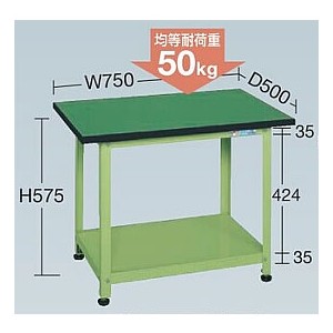 軽量小型作業台リノリューム天板仕様 均等荷重50kg（750×500×575mm）本体グリーン