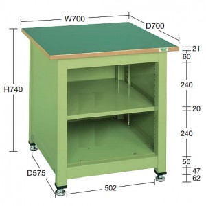 固定式1人用中量作業台（700×700×740mm）中棚付き