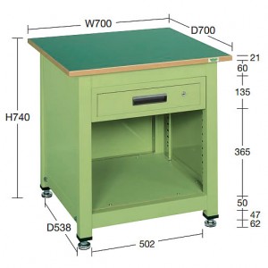 固定式1人用中量作業台（700×700×740mm）引出し1段付き