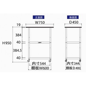 耐薬品天板実験作業台ワゴン台車(W450×D450×H738mm棚板２枚付)