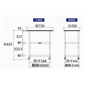 耐薬品天板実験作業台ワゴン台車(W750×D450×H950mm棚板２枚付)