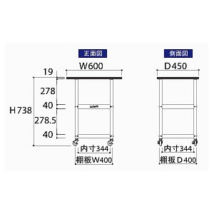 耐薬品天板実験作業台ワゴン台車(W750×D600×H950mm棚板２枚付)