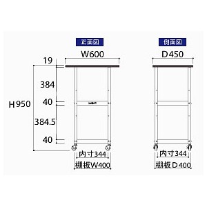 耐薬品天板実験作業台ワゴン台車(W450×D450×H825mm棚板２枚付)