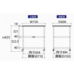 耐薬品天板実験作業台ワゴン台車(W750×D450×H825mm棚板２枚付)