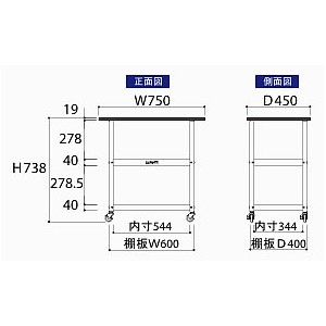 耐薬品天板実験作業台ワゴン台車(W750×D600×H825mm棚板２枚付)