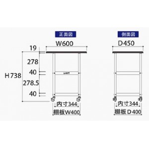 作業天板付ワゴン(600㎜×450㎜×738mm棚板２枚付)