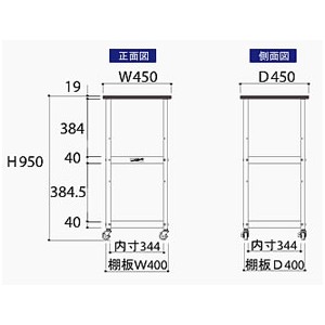 作業天板付ワゴン(450㎜×450㎜×950mm棚板２枚付)